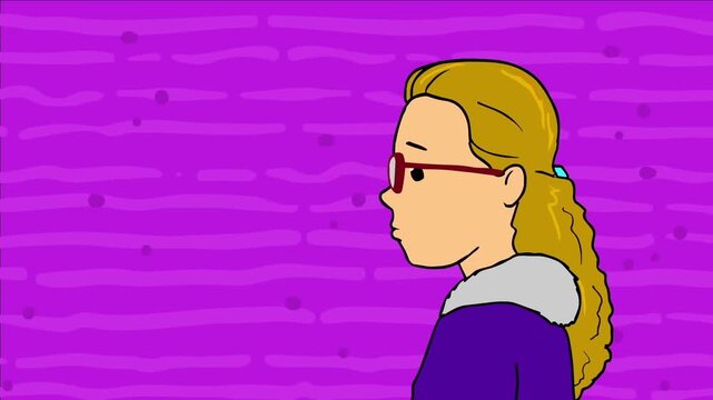 2D animation side profile view of a young blonde woman wearing red glasses standing purple background concept