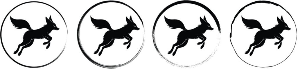 Obraz premium Collection of four circular showing a black silhouette of a jumping fox inside a circular frame on a white background