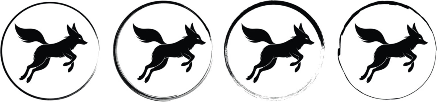 Collection of four circular showing a black silhouette of a jumping fox inside a circular frame on a white background