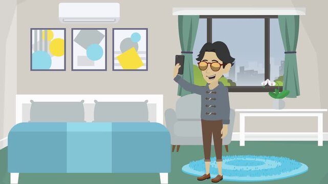 2D animation of a young man holding a smartphone taking a selfie or recording a video blog in a modern bedroom interior