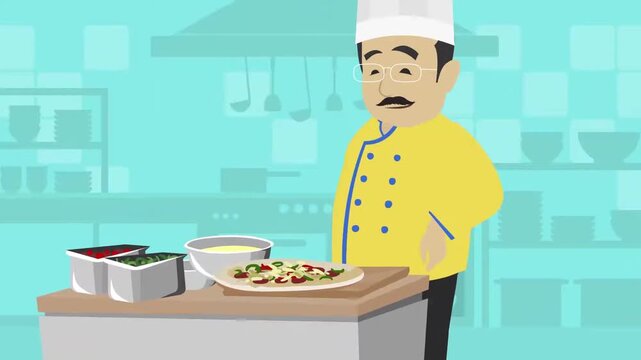 2D animation of a professional male chef in a toque hat preparing pizza on a kitchen counter in a restaurant interior