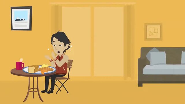 2D animation of a lonely woman sitting alone at a small dining table eating lunch or dinner home interior concept