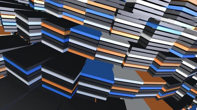 seamless loop of rotating geometric data rings and undulating metallic blocks, serving as a bright, dynamic backdrop for corporate tech presentations.
