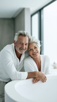 Portrait of happy affectionate senior couple smiling at camera together in a bright modern white bathroom leaning on a freestanding bathtub enjoying retirement luxury lifestyle and romantic moment