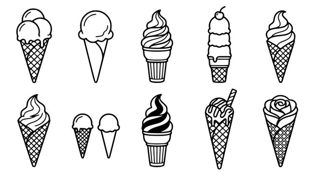 Assortment of delicious ice cream cones with various toppings and textures in black and white line art style isolated on white background for food menu and dessert shop branding