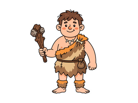 A friendly cartoon caveman holding a stone club and wearing animal fur clothing.