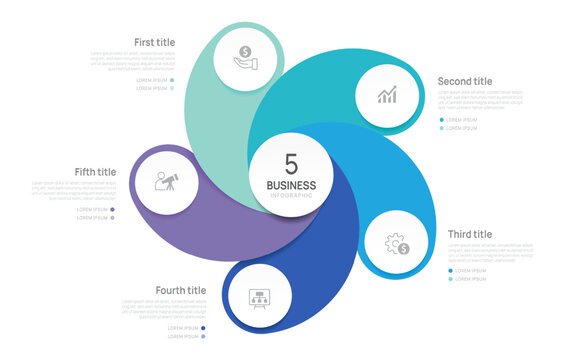 Venn diagram infographic chart template for business 5 options presentation and icon elements, 5 steps business success concept.