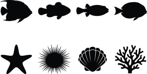Marine life vector silhouette icons set featuring tropical reef fish starfish sea urchin scallop shell and coral structures on white background © Robiul
