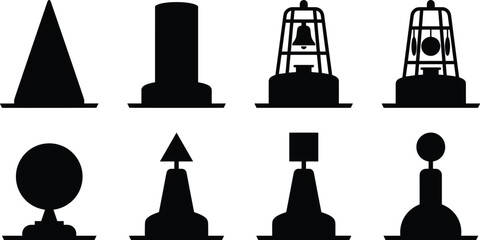 Maritime navigation buoys black silhouettes set featuring conical can bell gong and cardinal buoy shapes vector illustration © Robiul