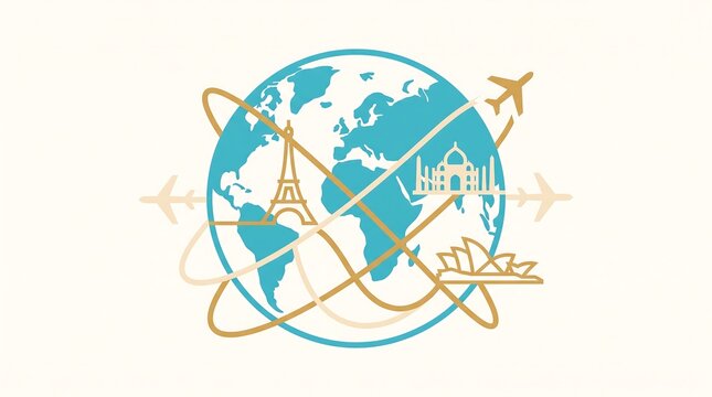 Stylized illustration of a globe with famous world landmarks and airplanes for travel concept.