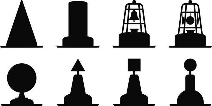 Maritime navigation buoys black silhouettes set featuring conical can bell gong and cardinal buoy shapes vector illustration