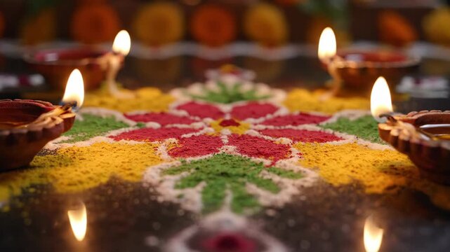 Colorful Diwali rangoli with lit diya lamps at night