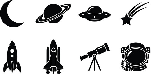 Outer space astronomy and galaxy vector silhouettes bundle featuring rocket spaceship ufo helmet and planet icons isolated on white background © Robiul