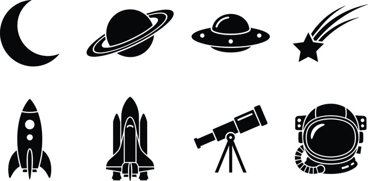 Outer space astronomy and galaxy vector silhouettes bundle featuring rocket spaceship ufo helmet and planet icons isolated on white background