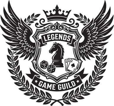 Gaming guild emblem with knight chess piece. Heraldic crest logo for board game club.