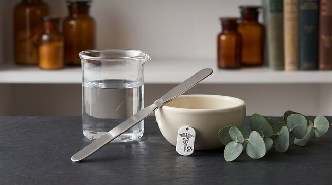A laboratory beaker and mortar with pestle featuring a medical caduceus symbol on a dark table.