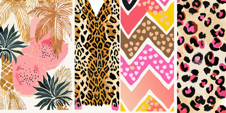 Tropical and leopard print patterns colorful vector illustration collection