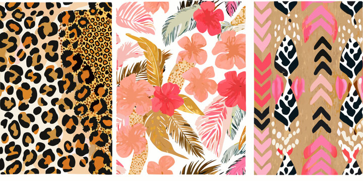 Leopard floral and chevron patterns vibrant vector illustrations