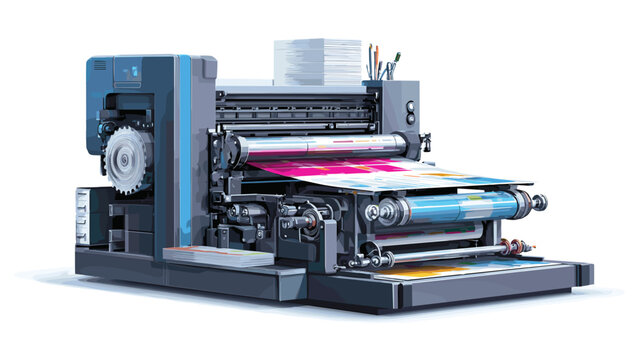 Modern Printing Press Machine with Colorful Ink on Paper Rolls and Stacked Paper