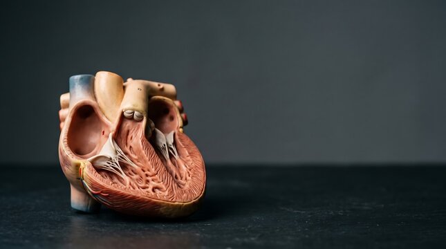 Detailed anatomical model of a human heart isolated on a dark background.