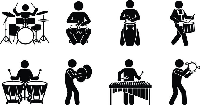 Percussionists stick figures playing musical instruments black silhouettes set drum kit bongos congas timpani xylophone tambourine vector illustration