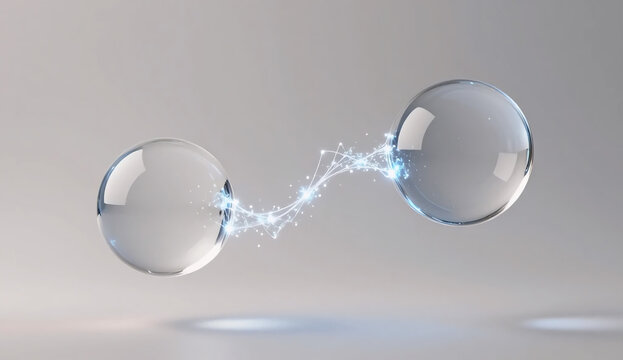Minimalist abstract 3D render of entangled floating glass spheres connected by glowing quantum light filaments
