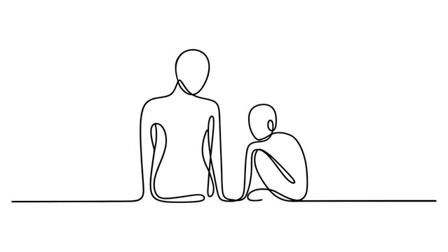Continuous single line drawing of a parent and child sitting together showing love and care in a simple minimalist style isolated on white background, Vector, illustration