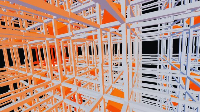 slowly rotating abstract 3D grid of glowing orange and cool gray cubes provides a seamless high-tech looping background ideal for event presentation backdrops.