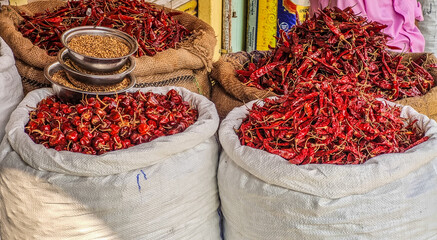 Piles of dried red chilies in large sacks at a traditional Indian market, showcasing one of the country's most widely used culinary spices