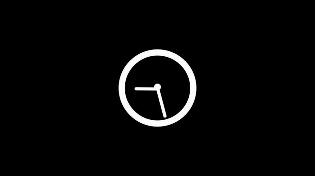 Black analog clock icon with moving arrows in seamless 12 hour loop on black background Time lapse Second clock animated