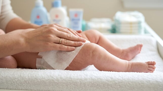 A close-up shot of an adult's hands gently cleaning a baby's bottom with a wet wipe on a soft white changing pad.