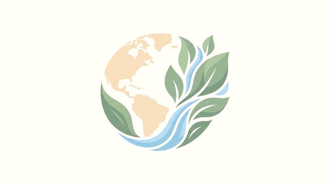 Stylized illustration of planet earth with flowing water and green leaves representing environmental sustainability.