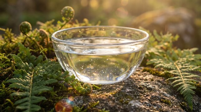 A clear glass bowl filled with fresh water resting on a mossy rock in the forest.