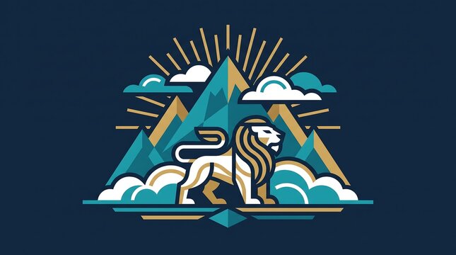 Stylized lion standing in front of mountain peaks with clouds and sunburst rays.