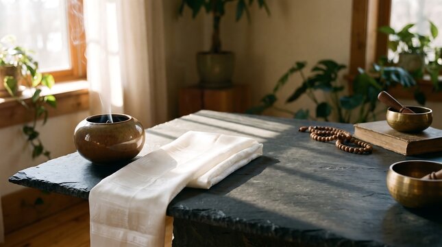 Peaceful meditation space with singing bowls and white cloth on a stone table.