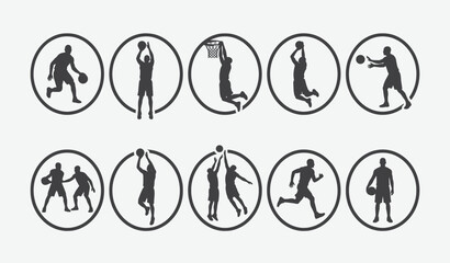Basketball Player Silhouette Icon Set, Sports Action Poses Vector Bundle, Dribbling, Shooting, Slam Dunk, Defense, Passing, and Jump Shot Round Badge Icons © Jannatul