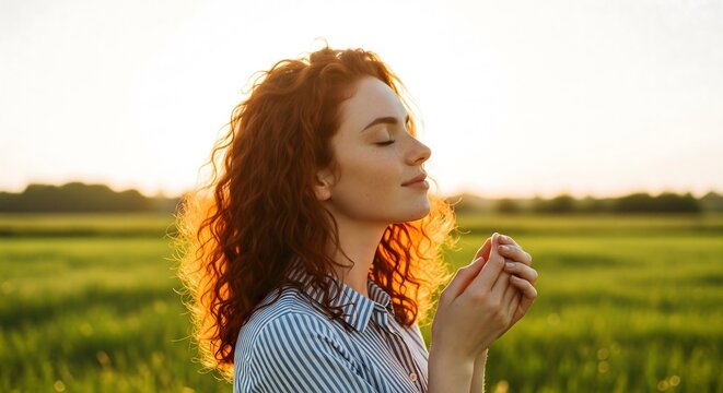 Peaceful redheaded woman practicing mindfulness and meditation in nature at sunset