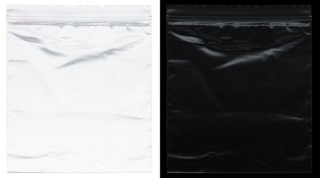 Transparent plastic ziplock bag texture set, wrinkled polyethylene storage pouch on white and black backgrounds, clear poly bag mockup for packaging design