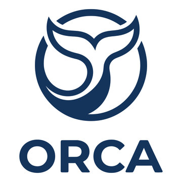 Orca whale tail logo in a circle with orca text below icon