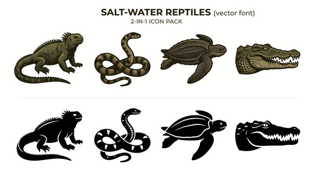 Hand drawn saltwater reptiles icon set with marine iguana sea snake turtle and crocodile