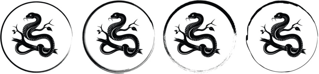 Fototapeta premium Set of four circular featuring a black silhouette of a coiled snake resting on a branch, isolated on a white background, style