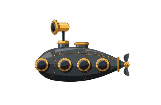 Cartoon submarine with periscope and propeller in mid-water