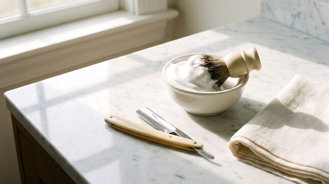 Traditional straight razor and shaving brush with foam on a marble bathroom vanity.