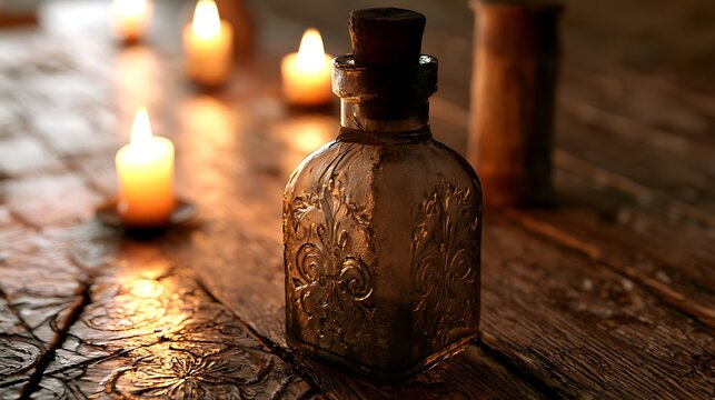 Vintage glass potion bottle with warm candlelit atmosphere.