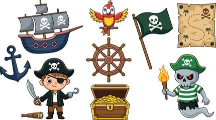 Cute Cartoon Pirate Adventure Element Set Vector Illustration Featuring Boy Pirate Ship Skull Ghost Treasure Chest Flag Parrot and Secret Map
