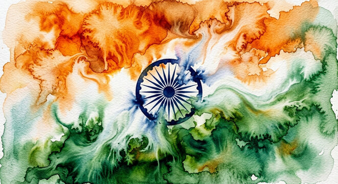 Indian flag watercolor abstract art orange, white, green colors, ashoka chakra