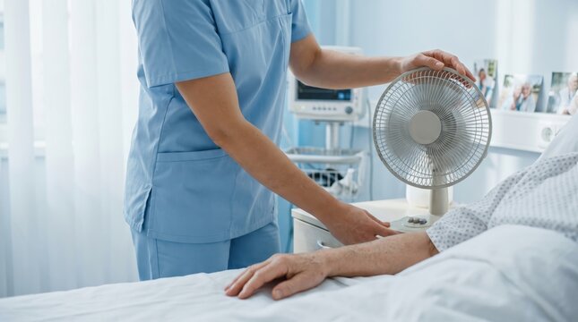 Hospital Healthcare Heat Resilience concept. Nurse adjusting a fan beside a patient lying in a hospital bed.