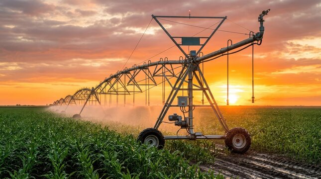 Large center pivot irrigation system watering a green corn crop field during a beautiful orange and purple sunset sky