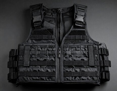 Black tactical body armor vest.