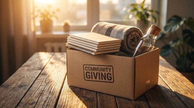 Cardboard box filled with donations for community giving on a wooden table.